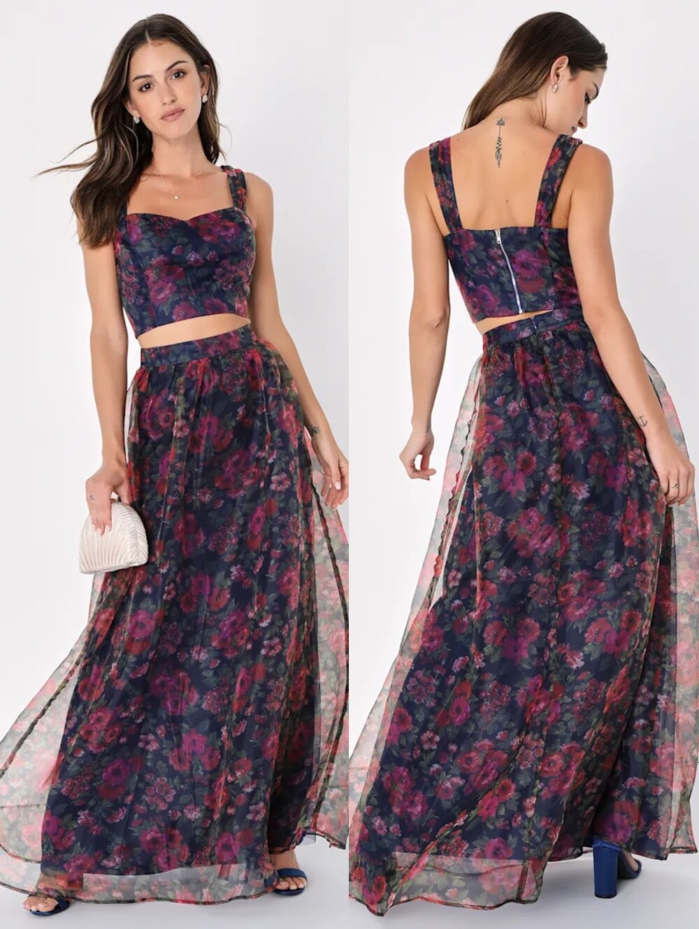 EUC Lulus Exceptional Event Navy Blue Floral Print Two Piece Maxi Dress - Picture 2 of 11